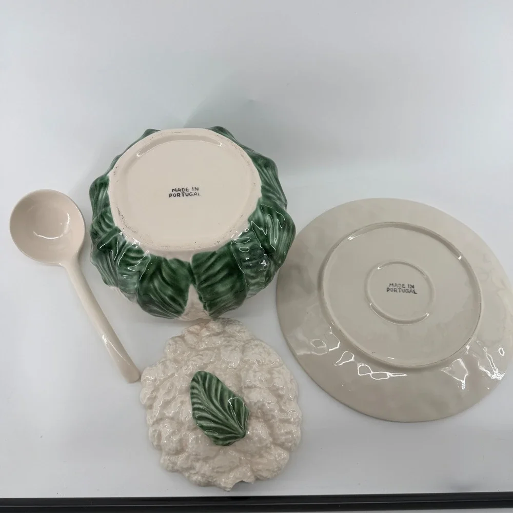 Vintage Portugal Ceramic Cauliflower Tureen Set Lid Ladle Underplate Majolica